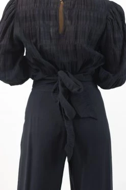 Ivy + Jack Grace Black Shirred Cotton LS Back Hem Tie Top