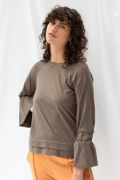 ReCreate New In Transit Frill Sleeve Taupe Cotton Top
