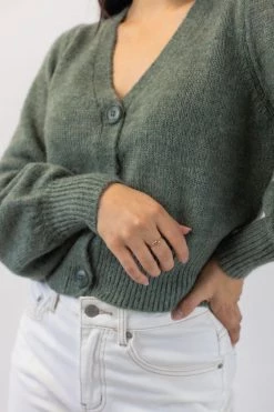 Among The Brave Spirited Soft Khaki Mohair Blend Balloon Sleeve Cropped Cardigan Knitwear
