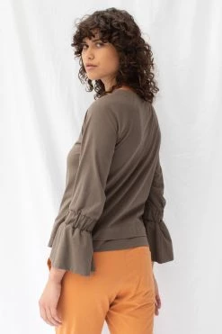 ReCreate New In Transit Frill Sleeve Taupe Cotton Top