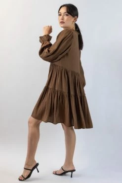 Ivy + Jack Billie Pecan Crinkle LS Frill V Neck Tiered Mini Dress New In