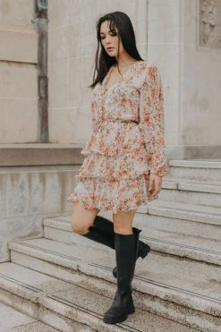 Ivy + Jack Dresses Evita Sand Floral LS V Neck Mini Tiered Dress