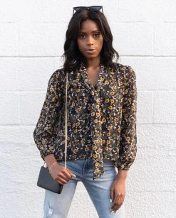 Among The Brave Optimistic Sheer Black Floral Tie Neck LS Top Tops & Tees