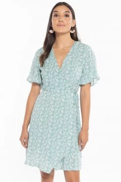 Billie The Label Dresses Wonderland Sage Floral Flutter Sleeve Mini Wrap Dress