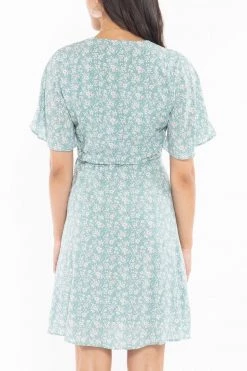 Billie The Label Dresses Wonderland Sage Floral Flutter Sleeve Mini Wrap Dress
