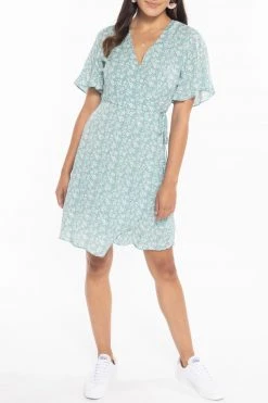 Billie The Label Dresses Wonderland Sage Floral Flutter Sleeve Mini Wrap Dress