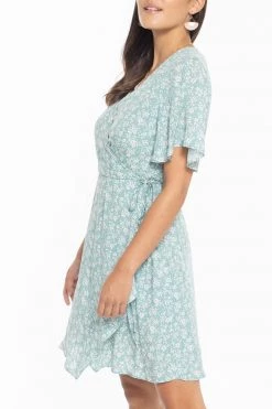 Billie The Label Dresses Wonderland Sage Floral Flutter Sleeve Mini Wrap Dress