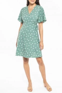 Billie The Label Dresses Wonderland Sage Spot Flutter Sleeve Mini Wrap Dress
