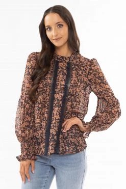 Billie The Label Fantasy Terracotta Floral Lace Front Long Sleeve Top New In