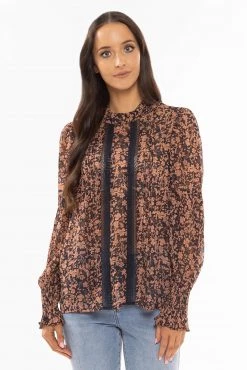 Billie The Label Fantasy Terracotta Floral Lace Front Long Sleeve Top New In