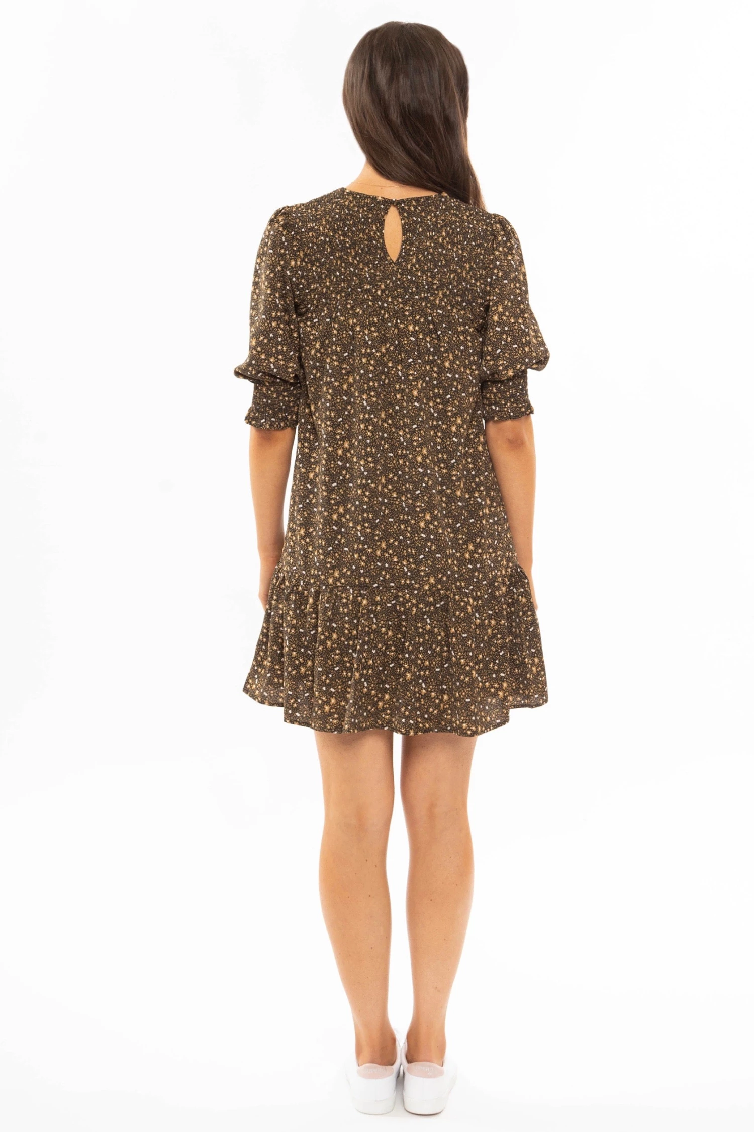 Billie The Label Hug Me Floral Print Shirred Cuff LS Shirred Shoulder Dress