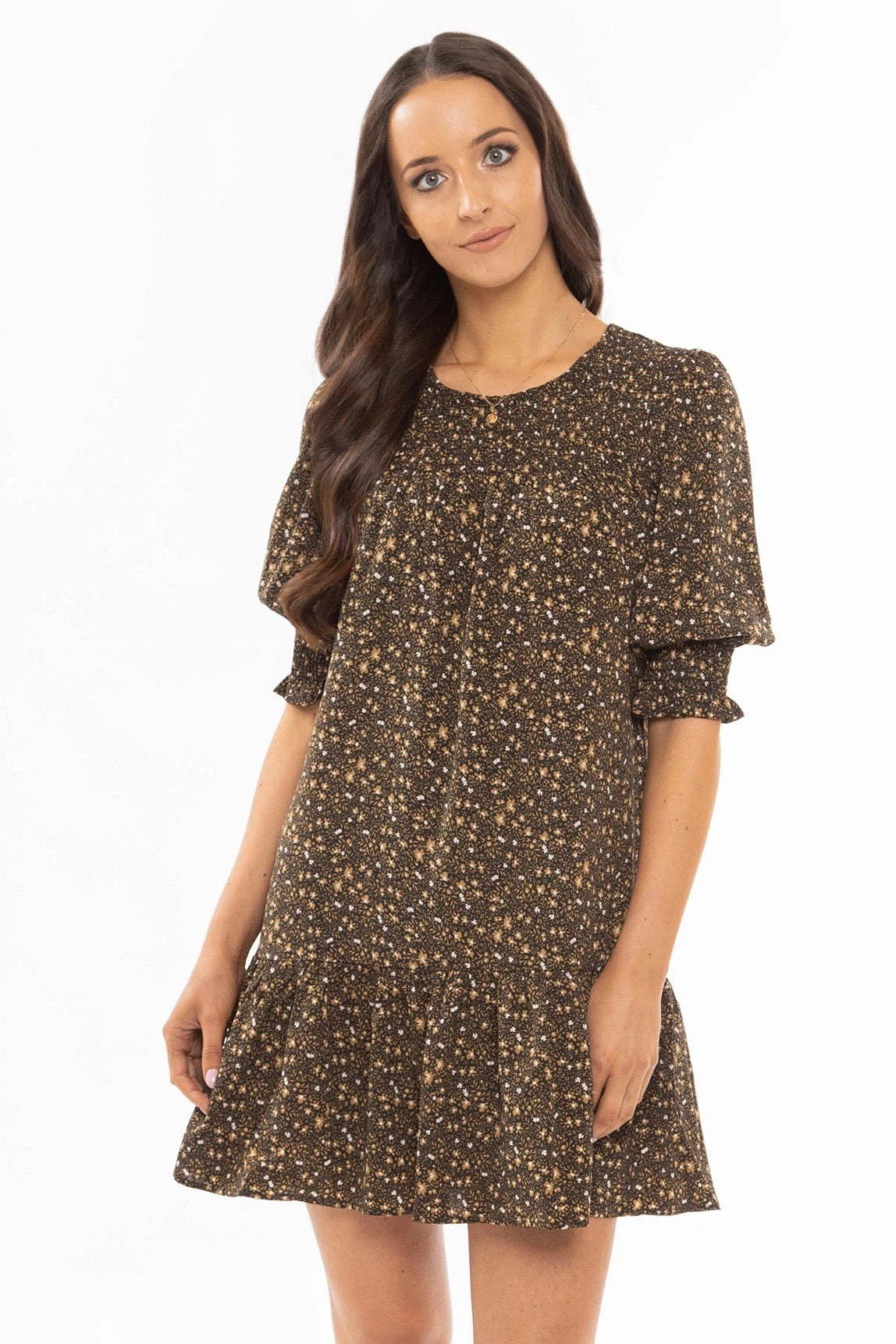 Billie The Label Hug Me Floral Print Shirred Cuff LS Shirred Shoulder Dress