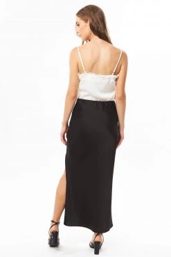 Billie The Label Joy Black Satin Front Knee Split Bias Midi Skirt