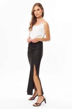 Billie The Label Joy Black Satin Front Knee Split Bias Midi Skirt