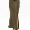 Billie The Label Joy Khaki Satin Front Knee Split Bias Midi Skirt