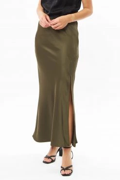Billie The Label Joy Khaki Satin Front Knee Split Bias Midi Skirt