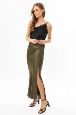 Billie The Label Joy Khaki Satin Front Knee Split Bias Midi Skirt
