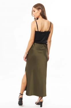Billie The Label Joy Khaki Satin Front Knee Split Bias Midi Skirt