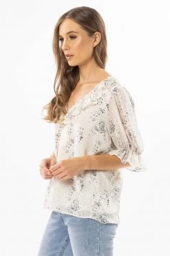 Billie The Label Sweet Dreams Ivory Scatter SS Frill V Neck Top Tops & Tees