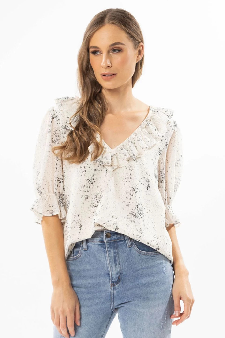 Billie The Label Sweet Dreams Ivory Scatter SS Frill V Neck Top Tops & Tees