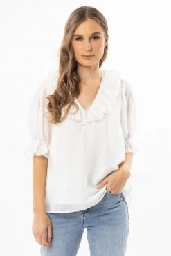 Billie The Label Tops & Tees Sweet Dreams White Tencel SS Frill V Neck Top