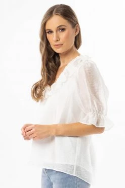 Billie The Label Tops & Tees Sweet Dreams White Tencel SS Frill V Neck Top