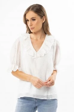 Billie The Label Tops & Tees Sweet Dreams White Tencel SS Frill V Neck Top