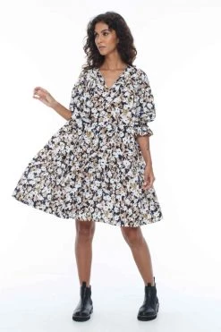 Blak Promise Half Sleeve Khaki Floral Tiered Mini Dress New In