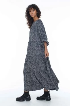 Blak Dresses Promise LS Tiered Grey Leopard Midi Dress