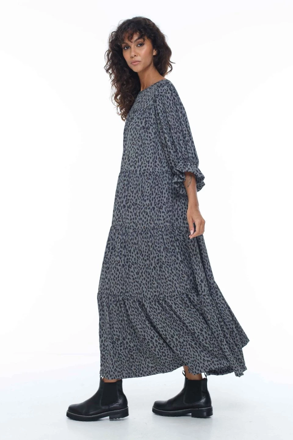 Blak Dresses Promise LS Tiered Grey Leopard Midi Dress