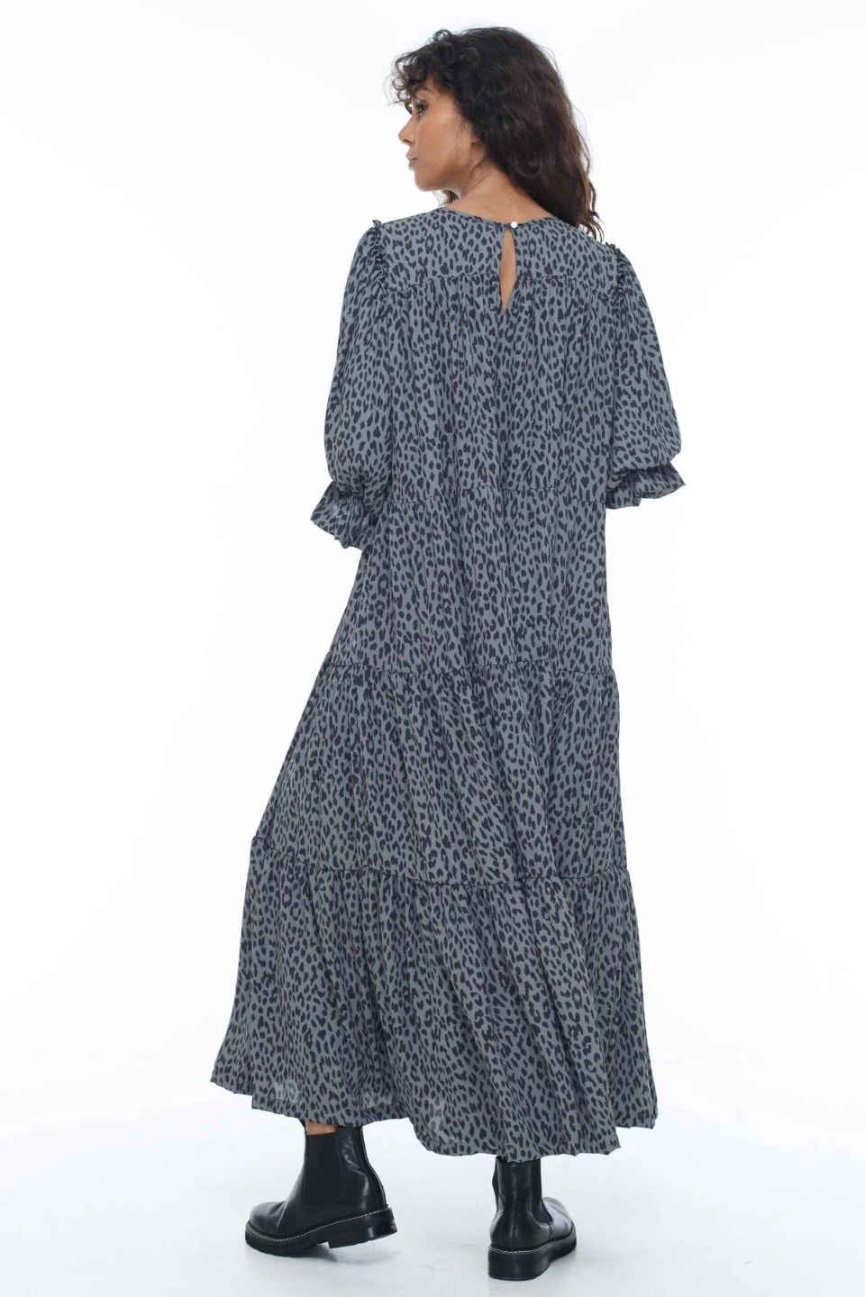 Blak Dresses Promise LS Tiered Grey Leopard Midi Dress