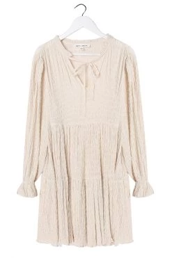 Ivy + Jack Billie Ecru Shirred LS Frill V Neck Tiered Mini Dress New In