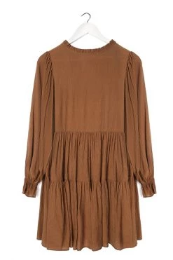 Ivy + Jack Billie Pecan Crinkle LS Frill V Neck Tiered Mini Dress New In