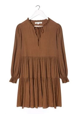 Ivy + Jack Billie Pecan Crinkle LS Frill V Neck Tiered Mini Dress New In