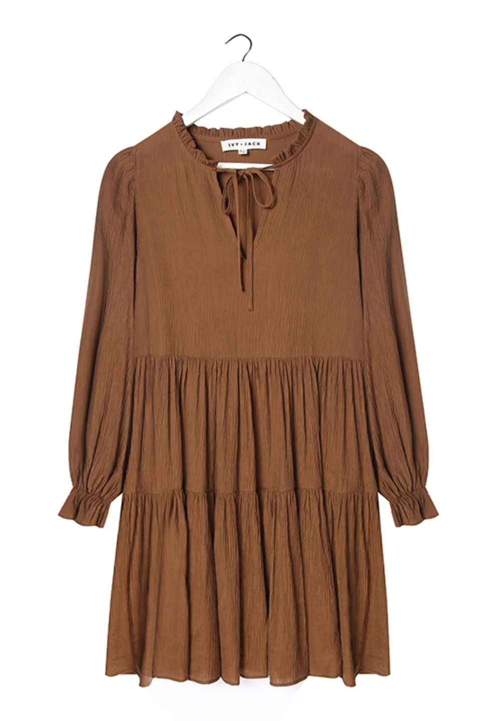 Ivy + Jack Billie Pecan Crinkle LS Frill V Neck Tiered Mini Dress New In