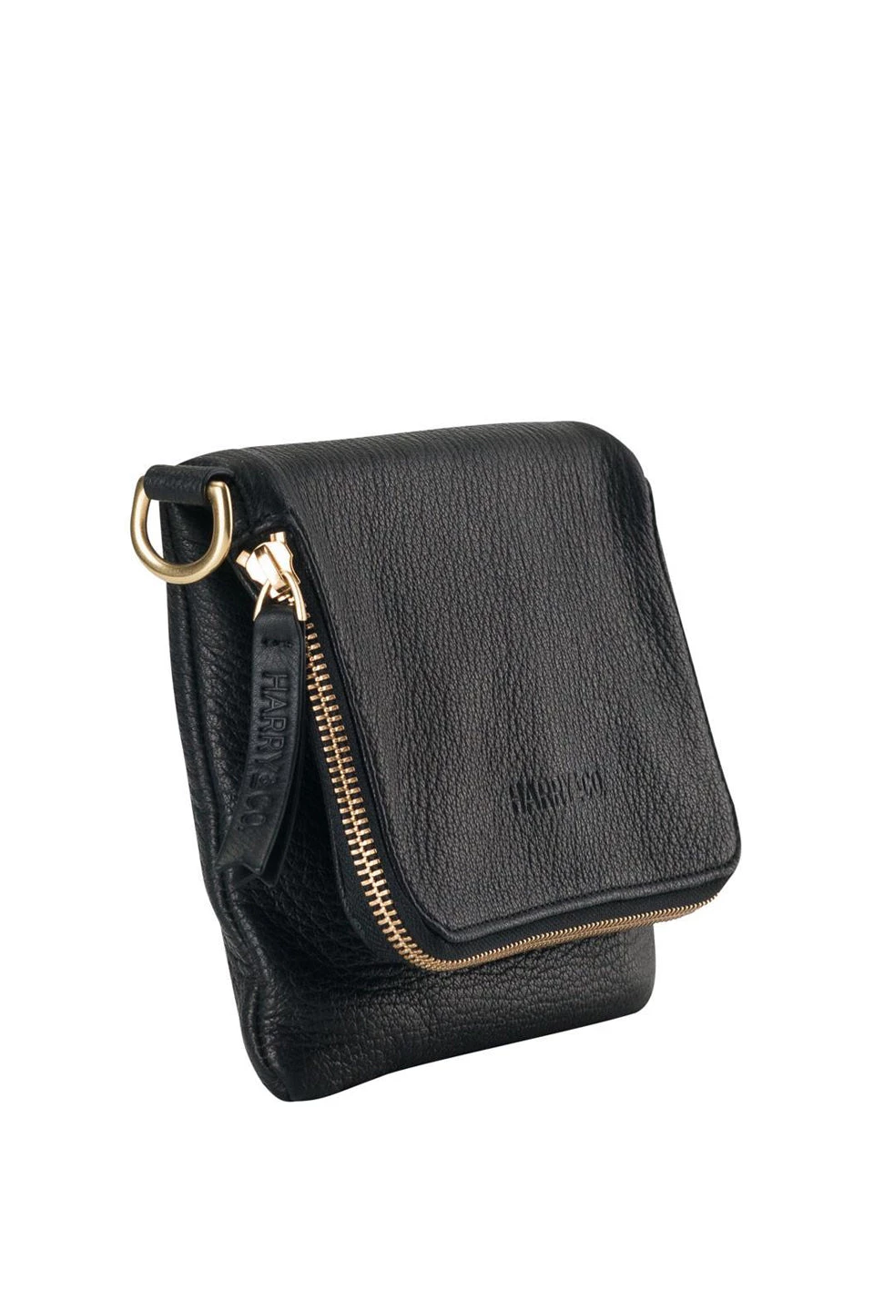 Harry & Co Bobi Leather Fold Over Black Clutch With Gold Chain