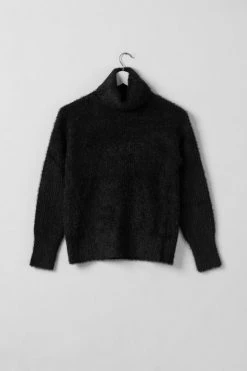 Among The Brave Brilliant Black Eyelash Yarn Roll Neck Knit New In