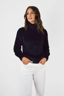 Among The Brave Brilliant Black Eyelash Yarn Roll Neck Knit New In