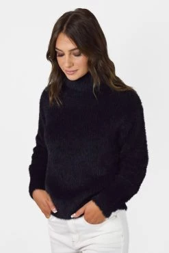 Among The Brave Brilliant Black Eyelash Yarn Roll Neck Knit New In