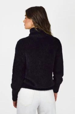 Among The Brave Brilliant Black Eyelash Yarn Roll Neck Knit New In