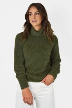 Among The Brave Brilliant Khaki Eyelash Yarn Roll Neck Knit