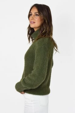 Among The Brave Brilliant Khaki Eyelash Yarn Roll Neck Knit