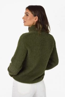 Among The Brave Brilliant Khaki Eyelash Yarn Roll Neck Knit