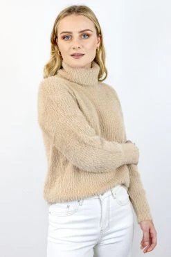 Among The Brave Brilliant Biscuit Eyelash Yarn Roll Neck Knit New In