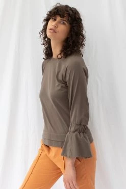 ReCreate New In Transit Frill Sleeve Taupe Cotton Top