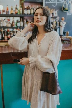 Ivy + Jack Billie Ecru Shirred LS Frill V Neck Tiered Mini Dress New In