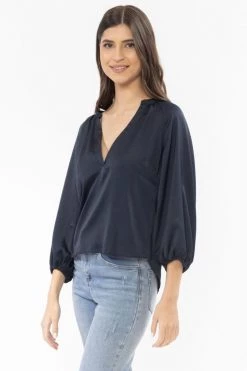 Leila + Luca Intuitive Navy Washer Satin V Neck Mid Sleeve Top