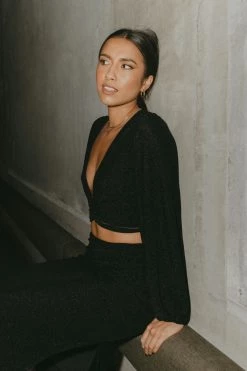 Among The Brave Full Moon Black Shimmer LS Puff Sleeve Plunge Ring Crop Top