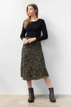 Among The Brave Down Town Khaki Animal Bias Cut Midi Skirt New In