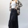 Among The Brave New In Blazing Black Tiered Linen Midi Skirt